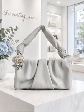 PUFFER BAG Soft Cruelty-Free Gathered Light Gray Bag w/Bumble Bee Charm
